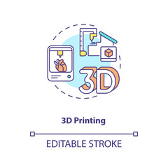 3D printing concept icon. Industry 4.0 idea thin line illustration. Additive manufacturing process. Making three dimensional solid objects. Vector isolated outline RGB color drawing. Editable stroke