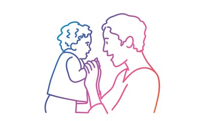 Young mom plays with baby. Colorful line. Vector illustration.