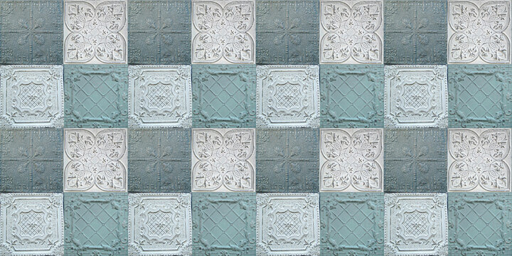 Old decorative painted tin ceiling tiles. Seamless pattern. 