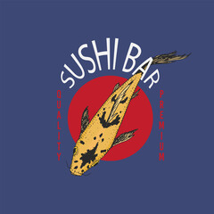 Koi carp and red sun, Japanese fish badge. Korean animal logo. Engraved hand drawn line art Vintage tattoo monochrome sketch for poster or label.