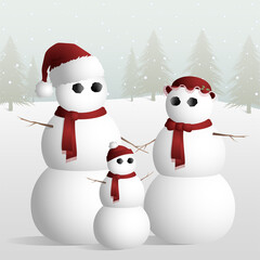 A father, mother, and child snowman family standing together in a snowy field
