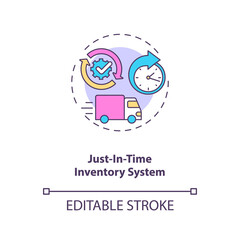 Just-in-time inventory system concept icon. M2M communication idea thin line illustration. Ordering materials and products from suppliers. Vector isolated outline RGB color drawing. Editable stroke