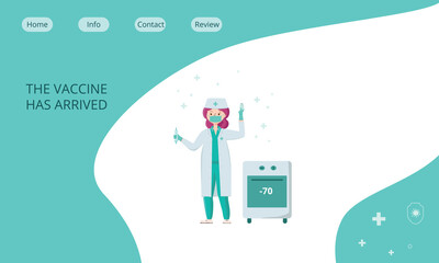 A doctor holds a coronavirus vaccine and a syringe in a mask and gloves. Vector stock illustration, landing page for medical clinic, hospital during people coronavirus vaccination. EPS10