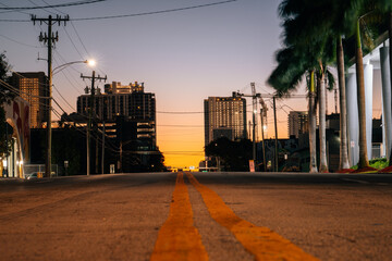 street at night midtown sunrise miami florida wynwood lights street traffic trees sky colors yellow  