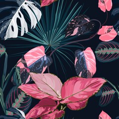 Fashionable seamless tropical pattern with tropical blue pink leaves on a black  background. Beautiful exotic plants. Trendy summer Hawaii print. Line stylish floral.