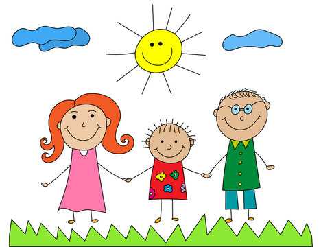 Happy family colorful kids doodle. Kid drawing with family. Illustration of happy cartoon family with child. Vector image of happy family, sun, grass and clouds