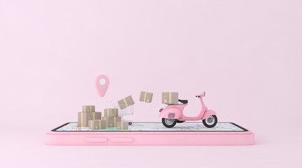 3D Online express delivery service concept, fast response delivery by scooter, courier Pickup, Delivery, Online Shipping Services. 3d Rendering.	