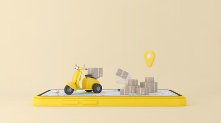 3D Online express delivery service concept, fast response delivery by scooter, courier Pickup, Delivery, Online Shipping Services. 3d Rendering.	