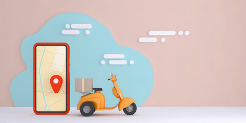 3D Online express delivery service concept, fast response delivery by scooter, courier Pickup, Delivery, Online Shipping Services. 3d Rendering.	