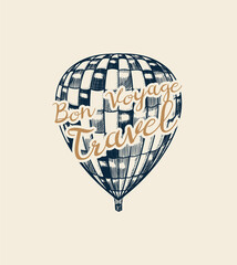 Vintage Hot Air Balloon badge. Vector retro flying airship with decorative element. Template transport for Romantic logo. Hand drawn Engraved sketch for poster or banner.