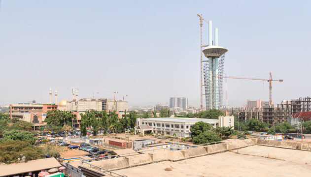 The Millenium Tower and Cultural Centre is the tallest architecture project in Abuja, Nigeria, West Africa. Its three pillars support an observation deck with panoramic views above the capital city an