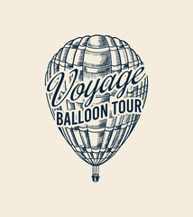 Vintage Hot Air Balloon badge. Vector retro flying airship with decorative element. Template transport for Romantic logo. Hand drawn Engraved sketch for poster or banner.