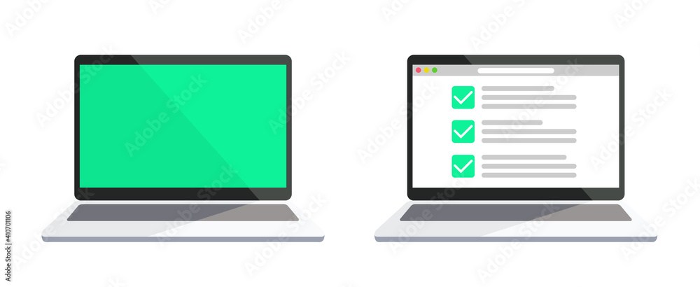 Wall mural laptop with online checklist in a flat design and browser. modern laptop with video player on screen