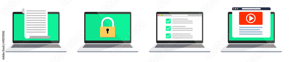 Wall mural laptop with online checklist in a flat design and browser. modern laptop with video player on screen