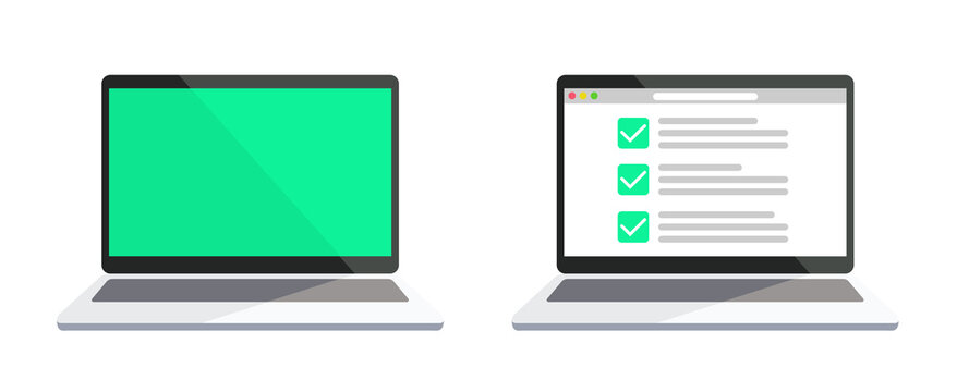 Laptop with online checklist in a flat design and browser. Modern laptop with video player on screen. Online vide. Laptop with check mark window in a flat design. Vector illustration.