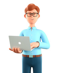 3D illustration of standing happy man holding laptop. Close up portrait of cartoon smiling businessman using computer, isolated on white. Communication, working in office concept.