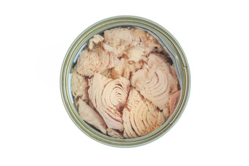Canned tuna above. Pieces of fish inside of metallic can isolated on white background