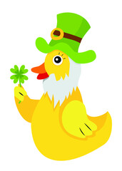 Yellow rubber leprechaun duck with green hat and four-leaf clover and St. Patrick's Day
