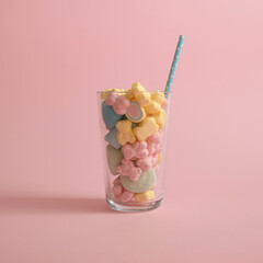 Big glass full of colorful candy with straw. Creative pastel pink concept.