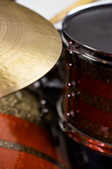 Obraz premium Closeup of drumsticks lying on the professional drum set. Drummer equipment. 