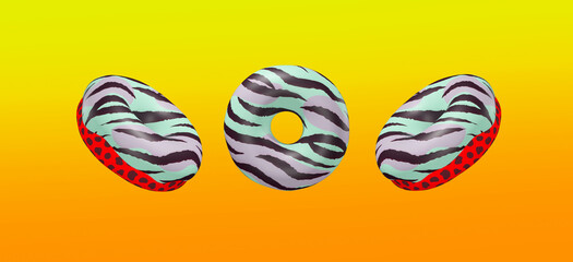 3d illustration fashion collage abstract banner..Creative tiger print donuts on gradient background. Exclusive donuts concept. Minimalistic food style modern art.