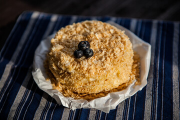 homemade cake decorated with crumbs and blueberries on a dark background