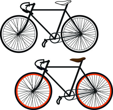 Two bicycles: sketch and color. Vector flat illustration of sport transport isolated on white background. The illustration is designed for banners, postcards, picture element.