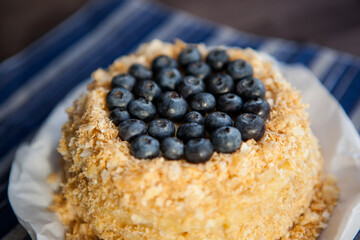 homemade cake decorated with crumbs and blueberries on a dark background