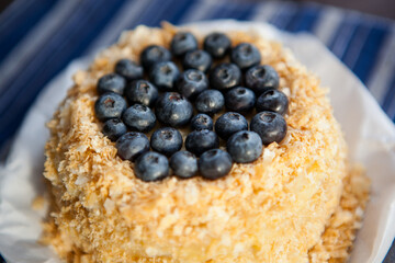 homemade cake decorated with crumbs and blueberries on a dark background