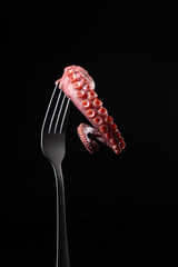 octopus tentacles held by fork on dark background. © Miguel Tamayo 