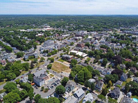 Wakefield historic town center aerial view on Main Street in Wakefield, Massachusetts MA, USA. 