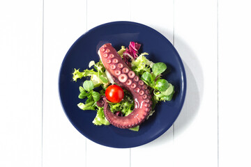 stew octopus tentacles on a blue dish. White background Top view.