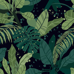 Nahtloses tropisches Muster mit exotischen Palmblättern und verschiedenen Pflanzen auf dunklem Hintergrund.