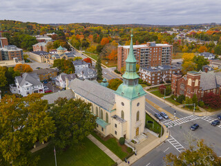 Trinity Lutheran Church at 73 Lancaster Street in historic downtown of Worcester, Massachusetts MA, USA. 