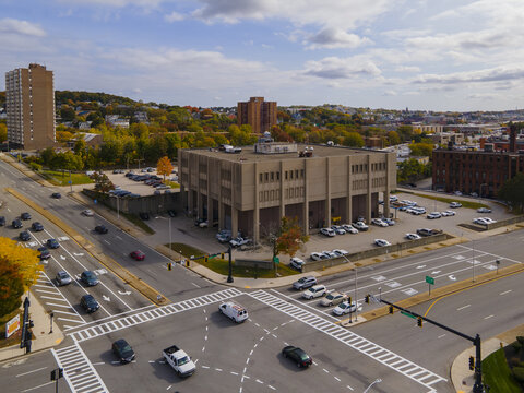 Worcester Police Department aerial view at 9 Lincoln Square in historic downtown Worcester, Massachusetts MA, USA. 