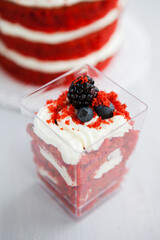 homemade portioned dessert red velvet decorated with berries on a light wooden background