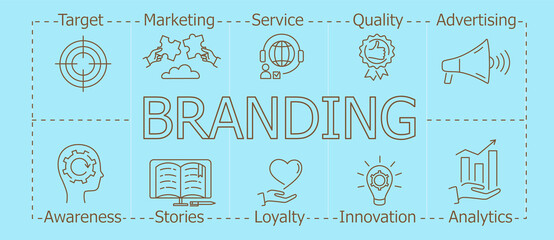 Branding banner web icon for business and digital marketing Target, marketing, service, quality, advertising, analytics, innovation, loyalty, stories, awareness. Flat cartoon vector illustration