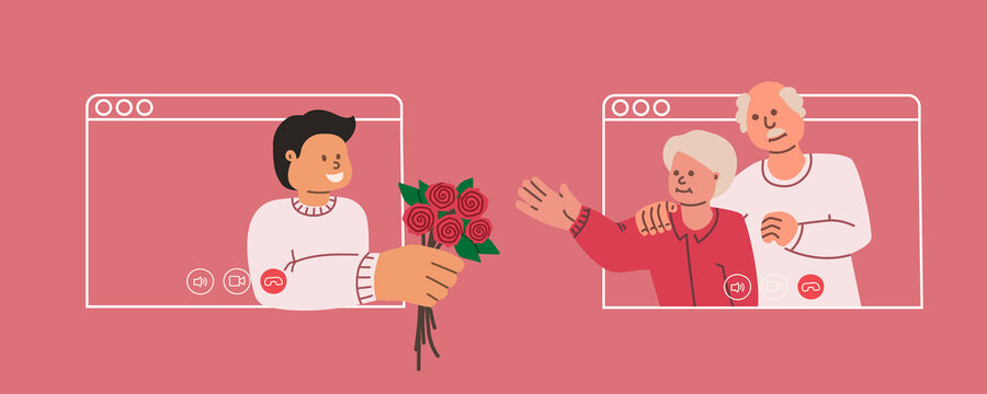 The son congratulates his mother with flowers. Concept for birthday, womens day or mothers day. Video call to elderly parents. Flower delivery. Vector flat illustration