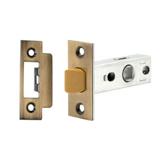 Interior latch in bronze with a standard rubberized transom for noise insulation and a striker on a white background