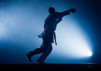 Male karate fighter in white kimono training