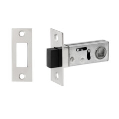 Interior bolt in steel color with standard black rectangular bolt and striker on white background