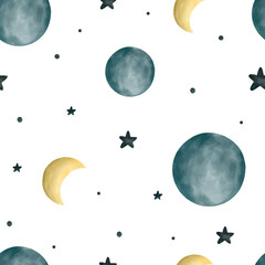Estores personalizados infantiles con tu foto Cute space seamless pattern with moon, planets and stars in watercolor style. Hand drawn Scandinavian childish illustration.