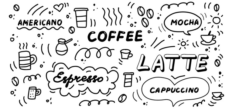 Coffee doodles icon set. Hand drawn lines cartoon icons and lettering collection. Cappuccino, americano, latte, mocha. The concept of morning and breakfast. Vector illustration.
