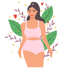 Portrait of beautiful plus size woman. Love your body or body positive concept. Flat vector illustration.