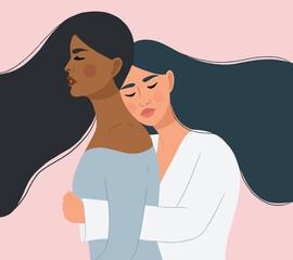Two beautiful women supporting each other. The concept of sisterhood, support, friendship and care. Flat vector illustration.