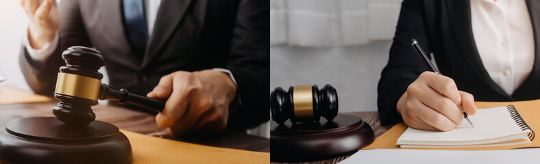Justice and law concept.Male judge in a courtroom with the gavel, working with, computer and...