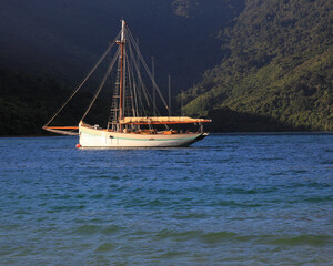 Fototapeta na wymiar Timber sailing ship in the Queen Charlotte Sound, New Zealand.