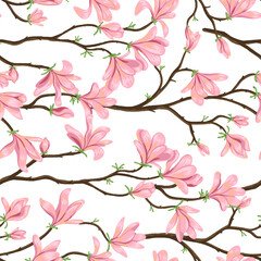 Blooming magnolia branches seamless pattern. Hand drawn vector illustration. Spring season botanical background. Colored vintage ornament. Design for fabric, textile, wallpaper, print, decor, wrap.