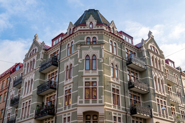 Fototapeta na wymiar Beautiful luxury Real estate flat building with Detailed facade mix of new and old styles in the city center of Gothenburg, Sweden.