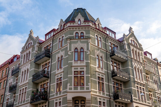 Beautiful luxury Real estate flat building with Detailed facade mix of new and old styles in the city center of Gothenburg, Sweden. © Sebastian